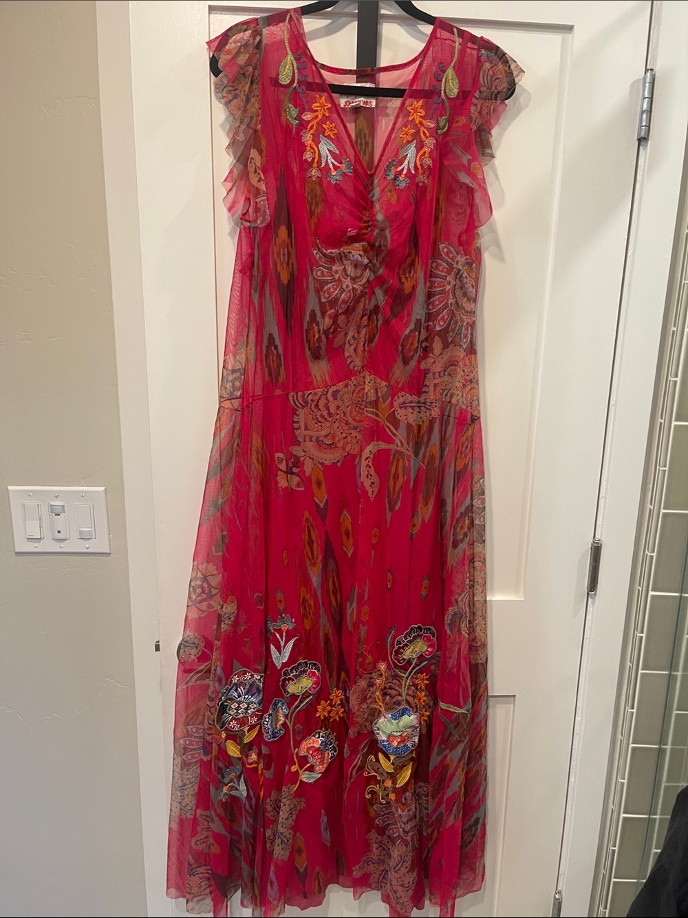 Johnny Was Red Floral Embroidered Maxi Dress
